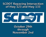 SCDOT repaving intersection of Hwy 123 and Hwy 133